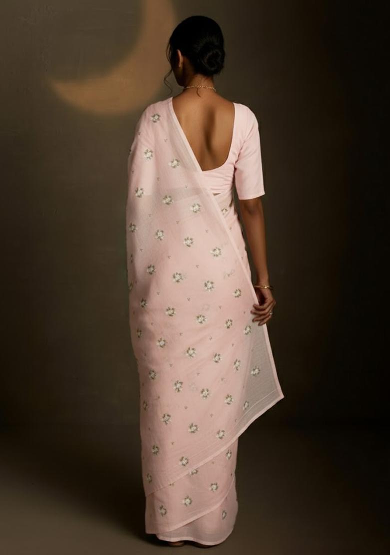 Blush Pink Embroidered Crepe Saree Set - Indya
