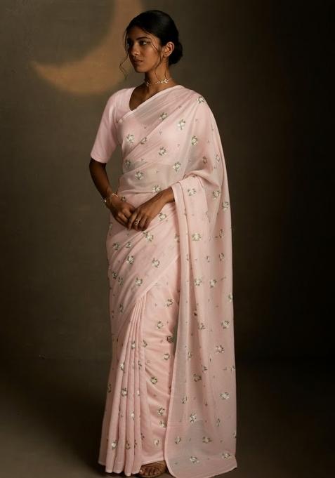 Blush Pink Embroidered Crepe Saree Set