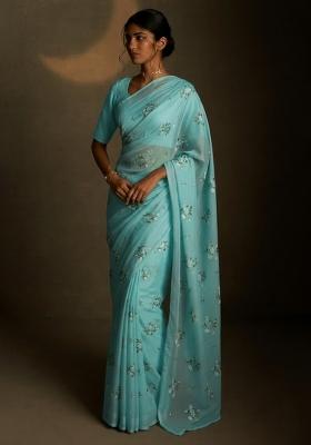 Aqua Blue Embroidered Crepe Saree Set