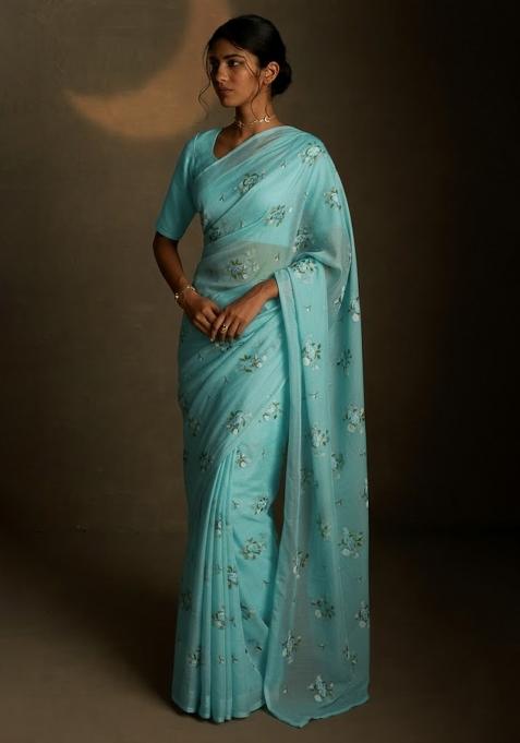 Aqua Blue Embroidered Crepe Saree Set