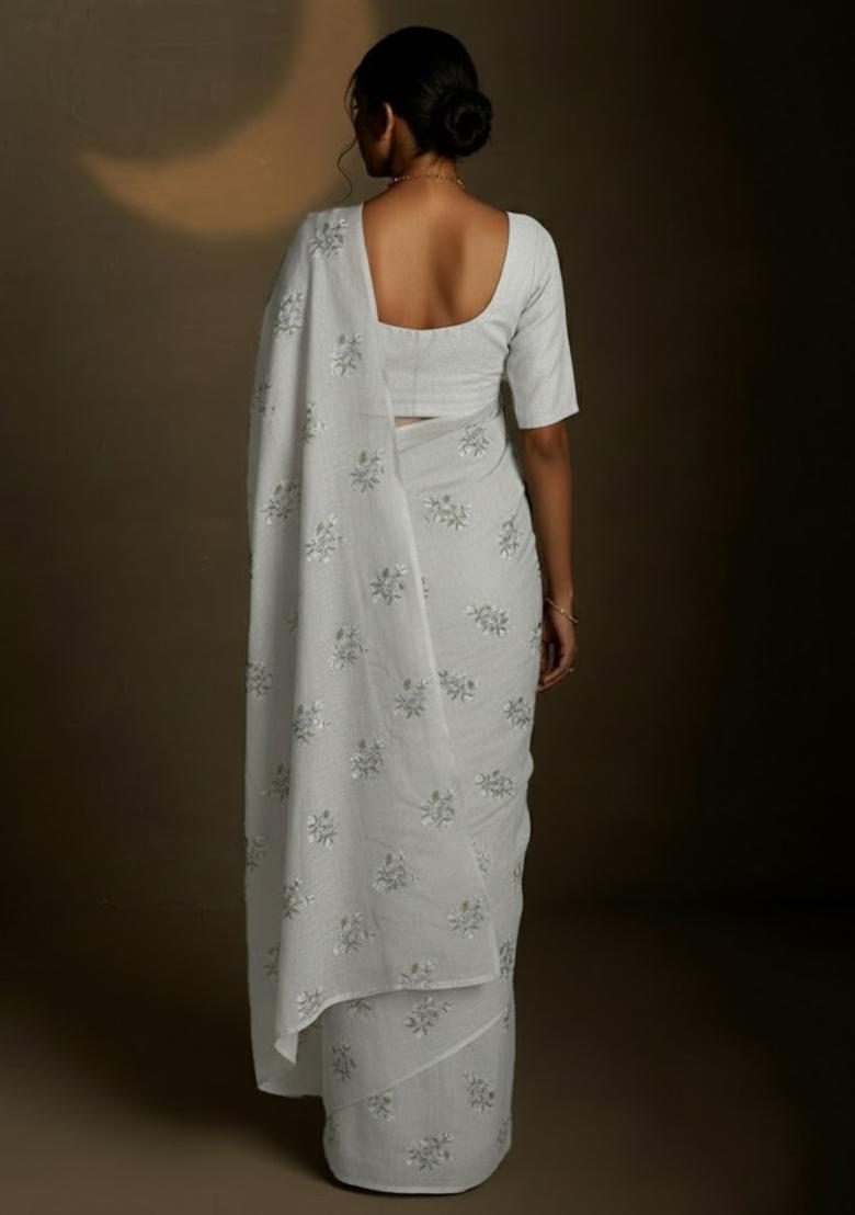 Grey Embroidered Crepe Saree Set - Indya