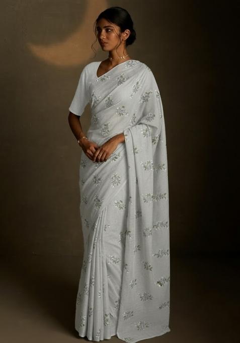 Grey Embroidered Crepe Saree Set
