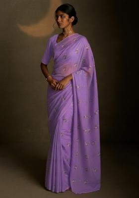 Lavender Embroidered Crepe Saree Set