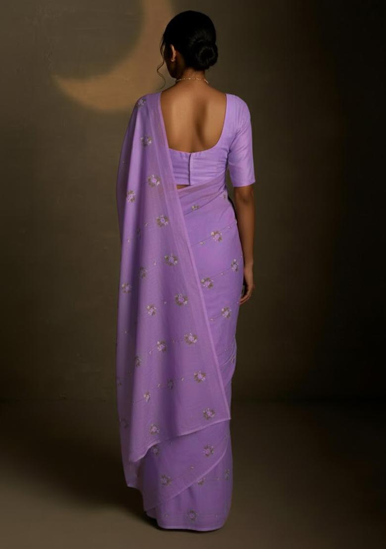 Lavender Embroidered Crepe Saree Set - Indya