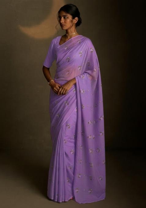 Lavender Embroidered Crepe Saree Set
