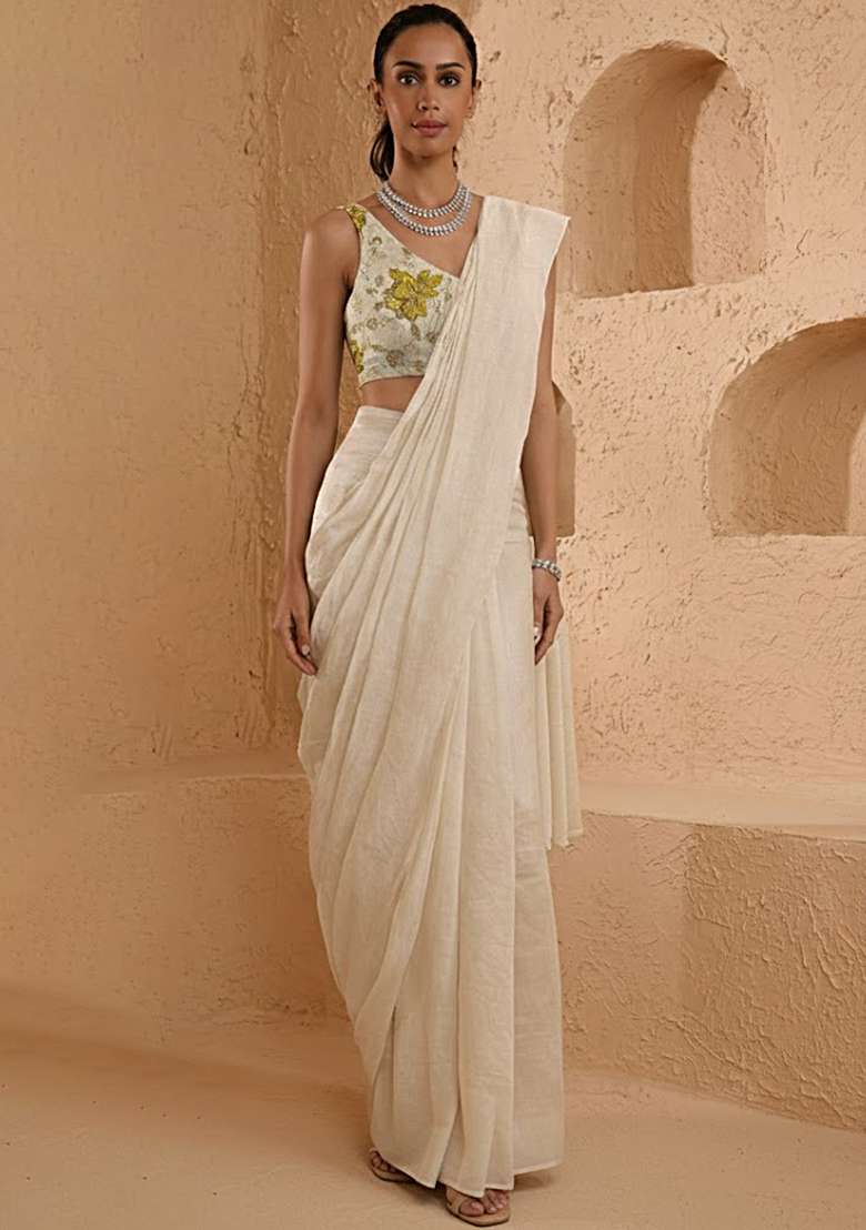 Soft Ivory Floral Print Tissue Pre Draped Saree Set - Indya