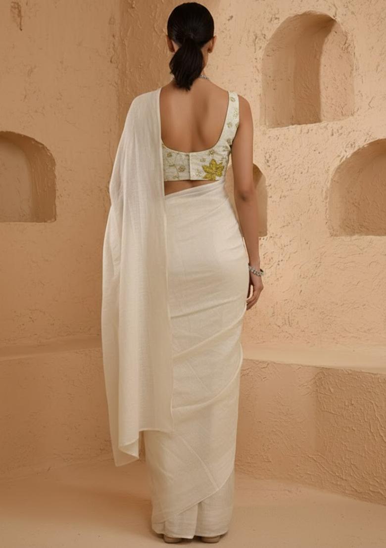 Soft Ivory Floral Print Tissue Pre Draped Saree Set - Indya