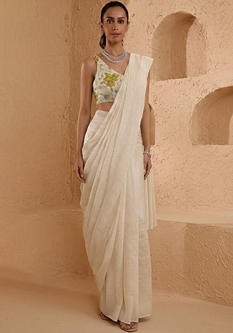 Soft Ivory Floral Print Tissue Pre Draped Saree Set