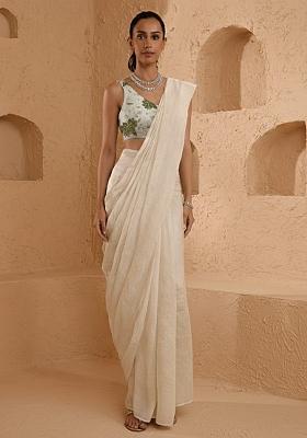 Off White Floral Print Tissue Pre Draped Saree Set