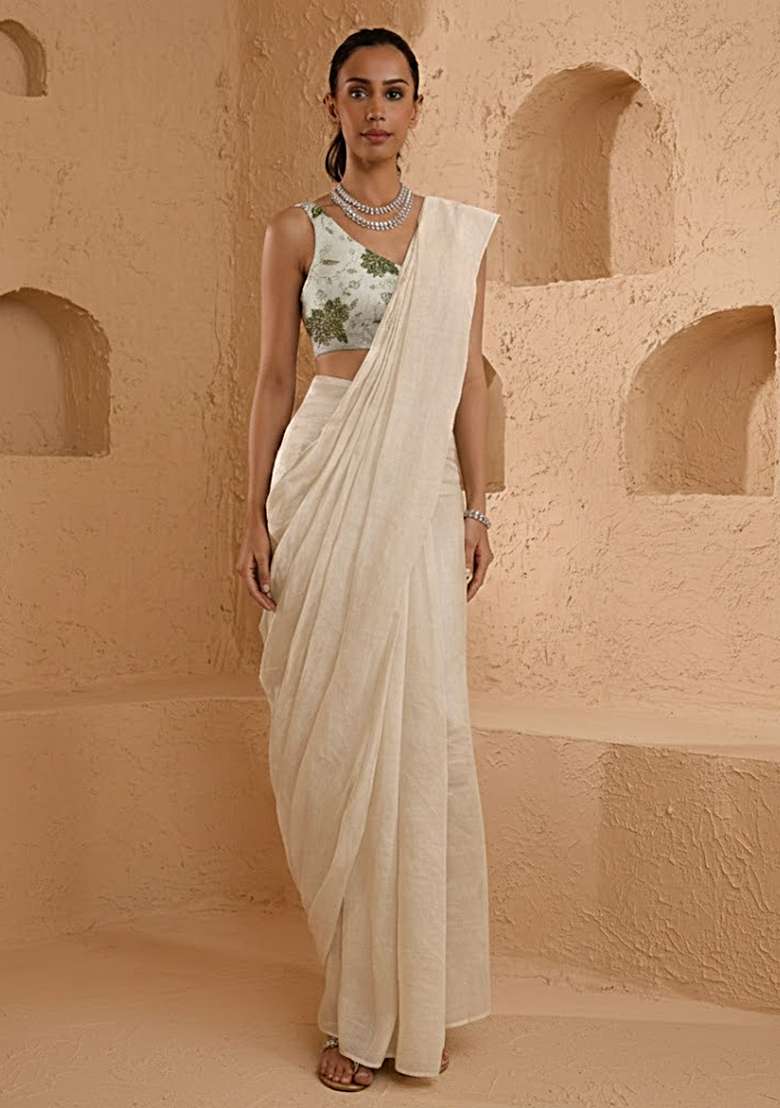 Off White Floral Print Tissue Pre Draped Saree Set - Indya