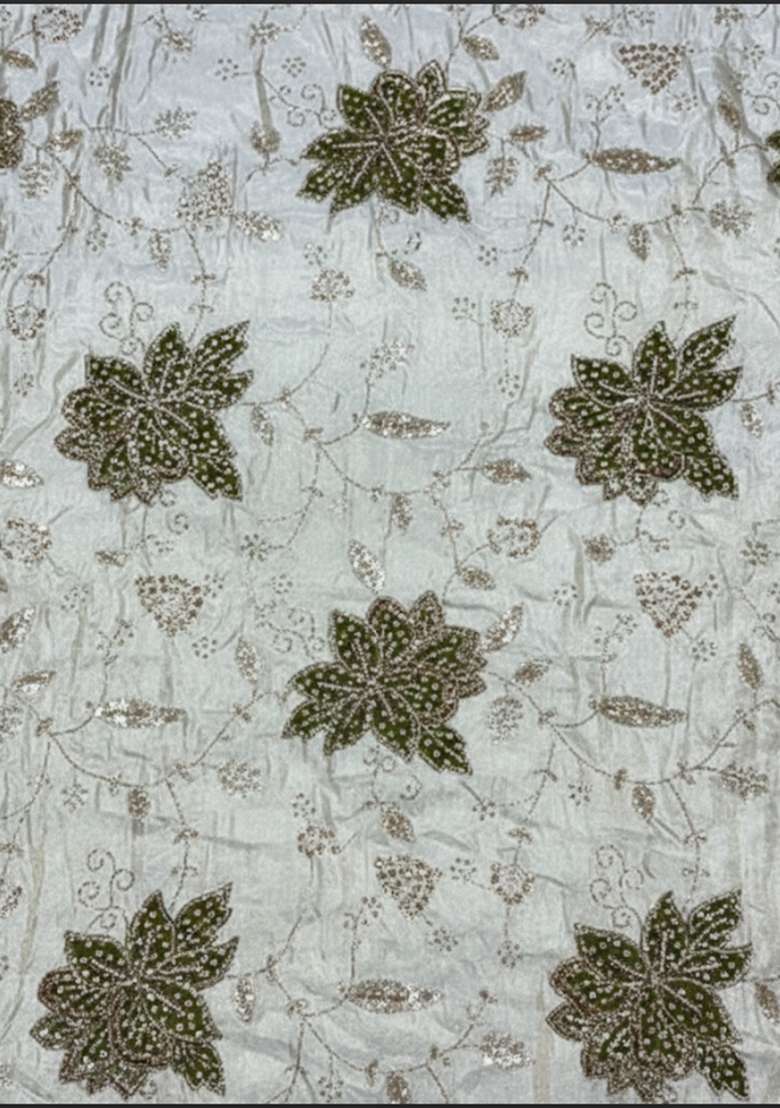 Off White Floral Print Tissue Pre Draped Saree Set - Indya