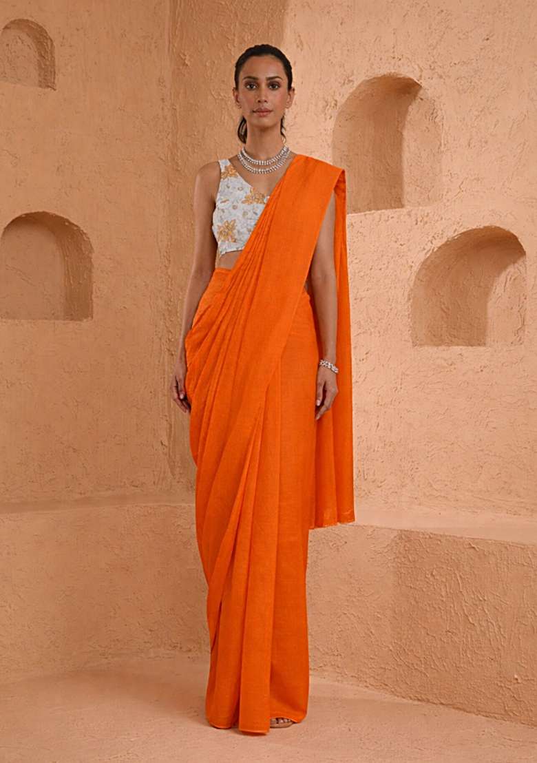 Orange Floral Print Tissue Pre Draped Saree Set - Indya