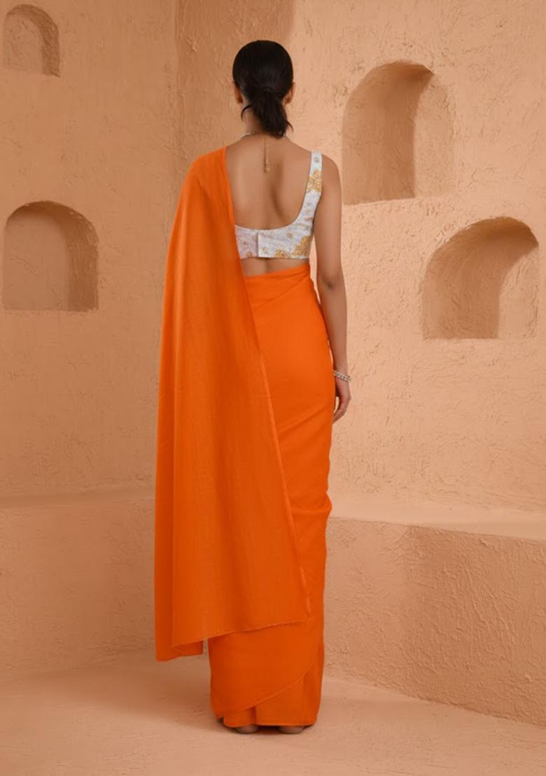 Orange Floral Print Tissue Pre Draped Saree Set - Indya