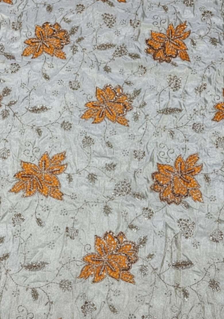 Orange Floral Print Tissue Pre Draped Saree Set - Indya