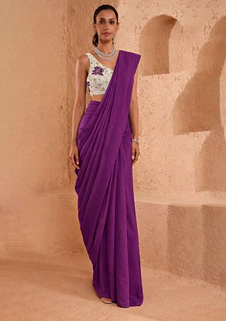 Purple Floral Print Tissue Pre Draped Saree Set - Indya