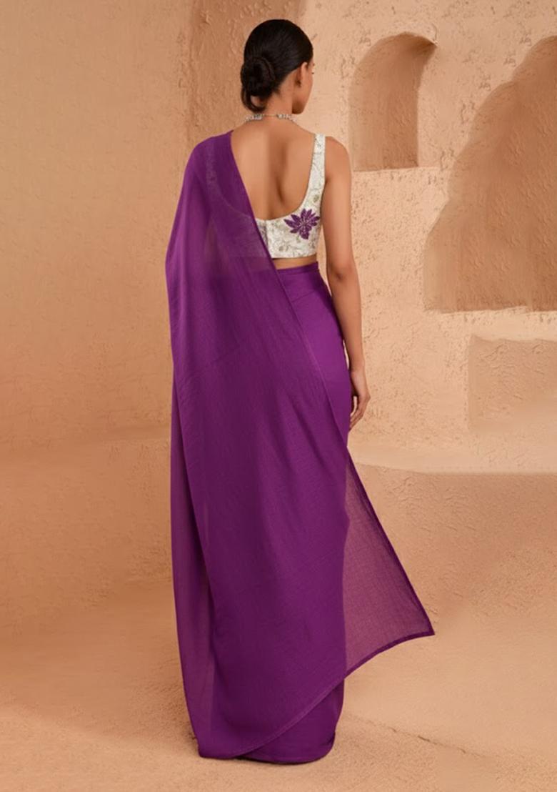 Purple Floral Print Tissue Pre Draped Saree Set - Indya