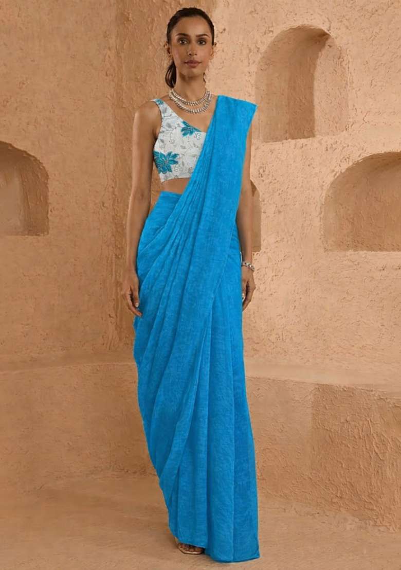Blue Floral Print Tissue Pre Draped Saree Set - Indya