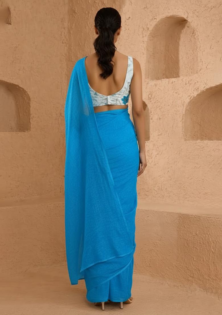 Blue Floral Print Tissue Pre Draped Saree Set - Indya