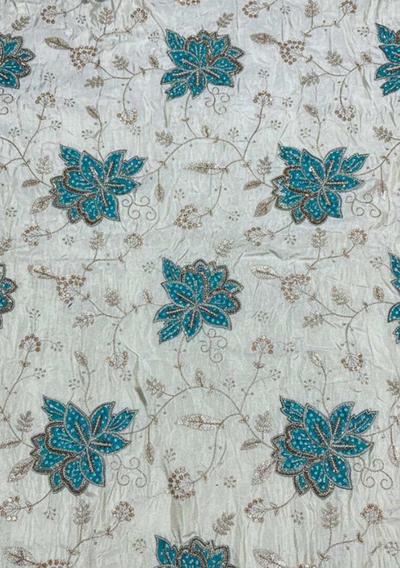 Blue Floral Print Tissue Pre Draped Saree Set - Indya