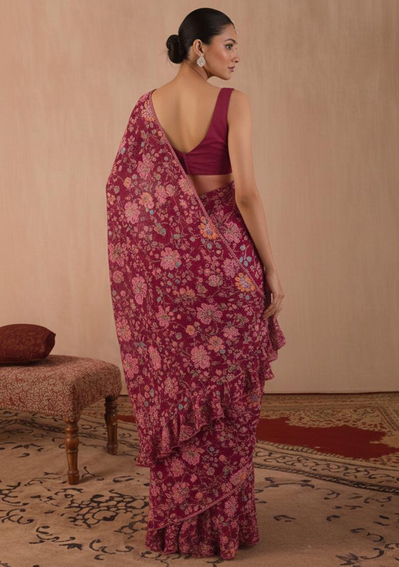 Deep Red Floral Print Crepe Pre Draped Saree Set - Indya