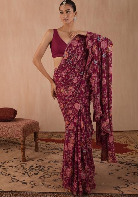 Deep Red Floral Print Crepe Pre Draped Saree Set