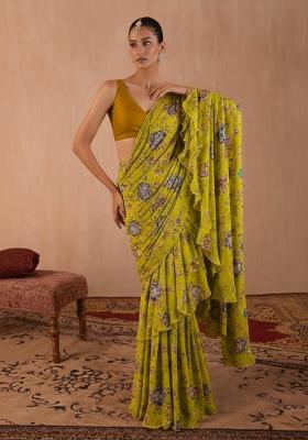 Lime Green Floral Print Crepe Pre Draped Saree Set