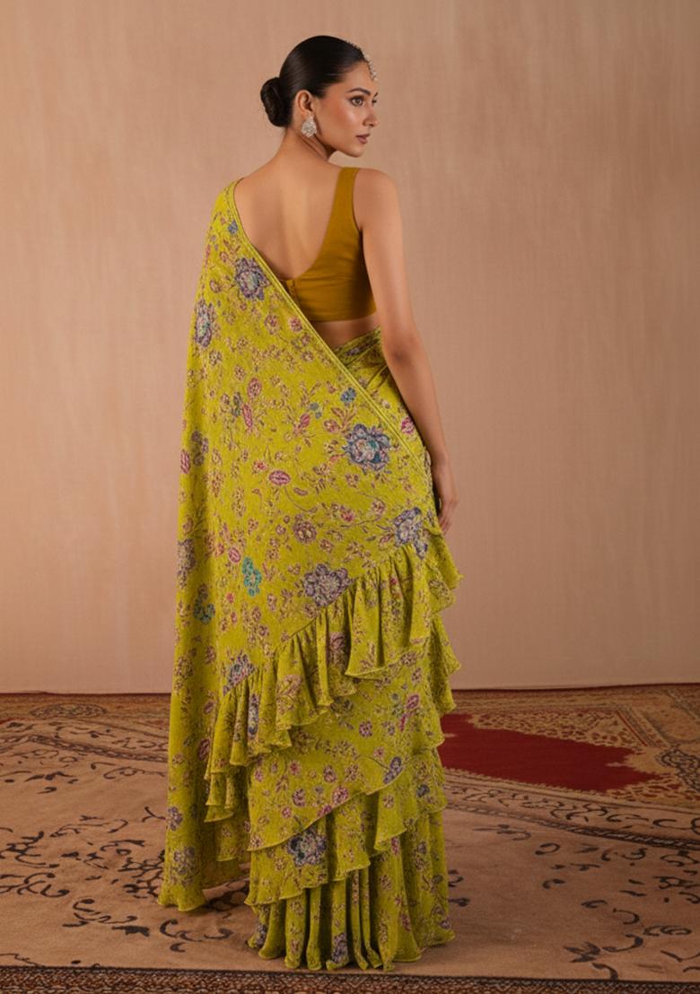 Lime Green Floral Print Crepe Pre Draped Saree Set - Indya