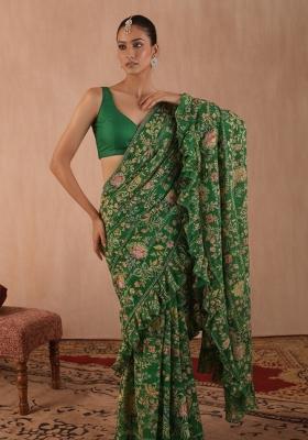 Green Embroidered Crepe Pre Draped Saree Set