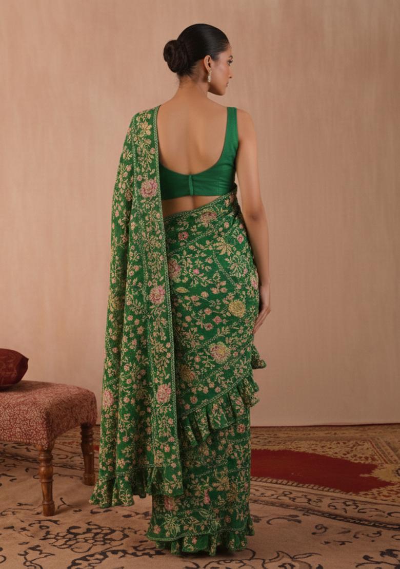 Green Embroidered Crepe Pre Draped Saree Set - Indya