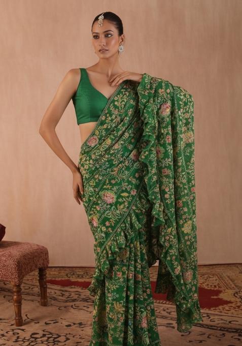 Green Embroidered Crepe Pre Draped Saree Set