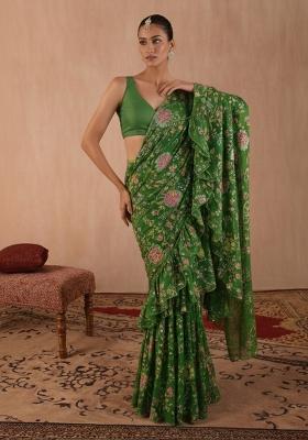 Green Floral Print Crepe Pre Draped Saree Set