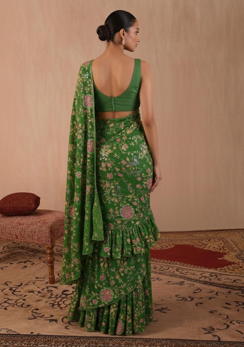 Green Floral Print Crepe Pre Draped Saree Set - Indya