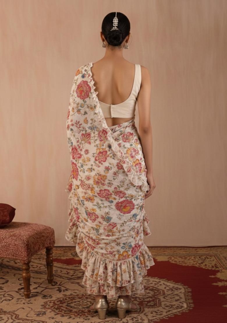Off White Floral Print Crepe Pre Draped Saree Set - Indya