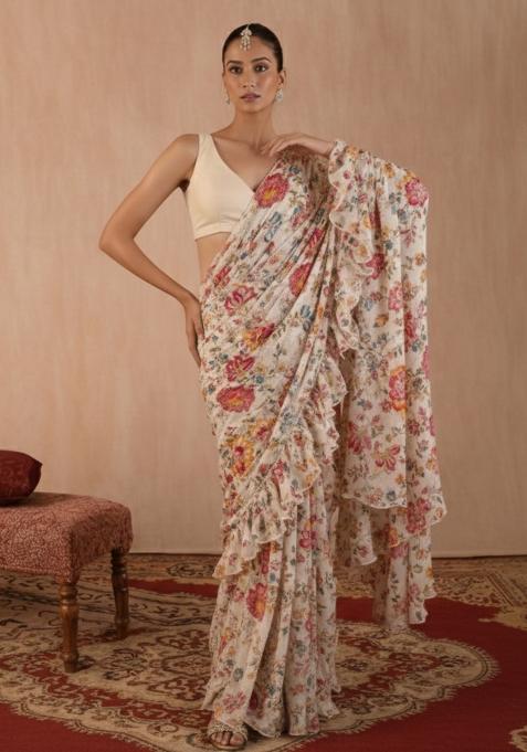 Off White Floral Print Crepe Pre Draped Saree Set