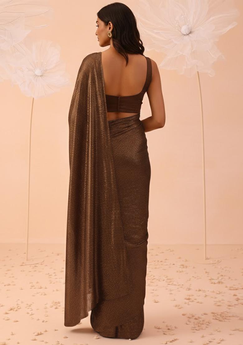 Brown Solid Lycra Pre Draped Saree Set - Indya