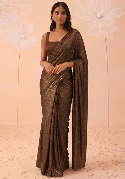 Brown Solid Lycra Pre Draped Saree Set