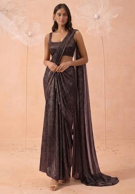 Metallic Brown Solid Lycra Pre Draped Saree Set