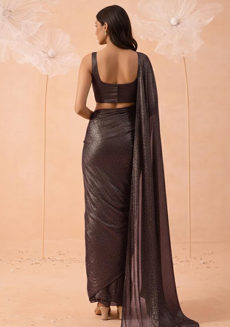 Metallic Brown Solid Lycra Pre Draped Saree Set - Indya