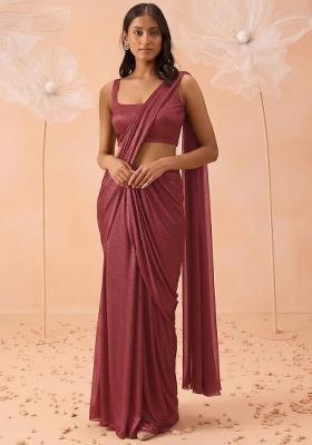 Copper Brown Solid Lycra Pre Draped Saree Set