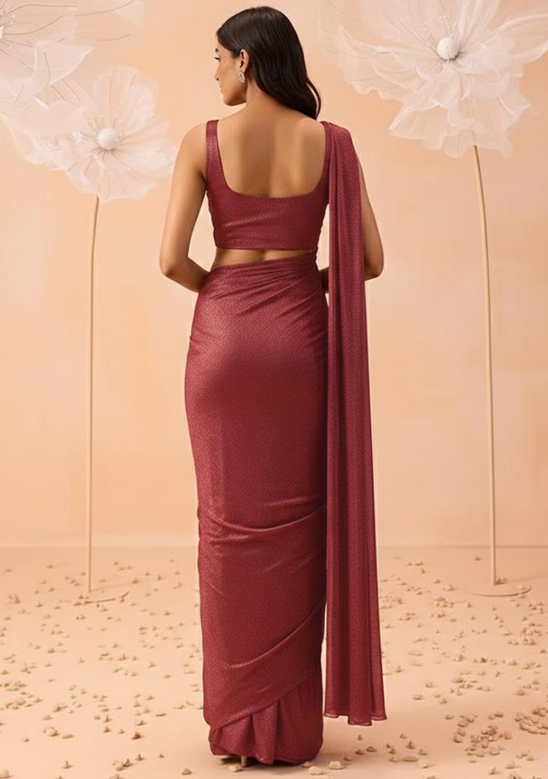 Copper Brown Solid Lycra Pre Draped Saree Set - Indya