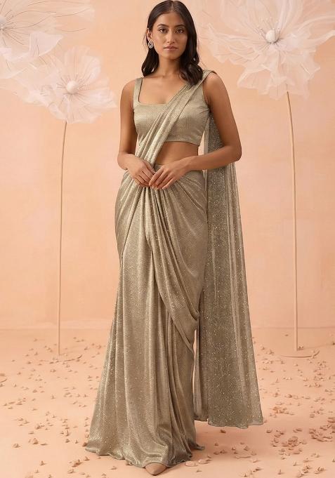 Silver Solid Lycra Pre Draped Saree Set