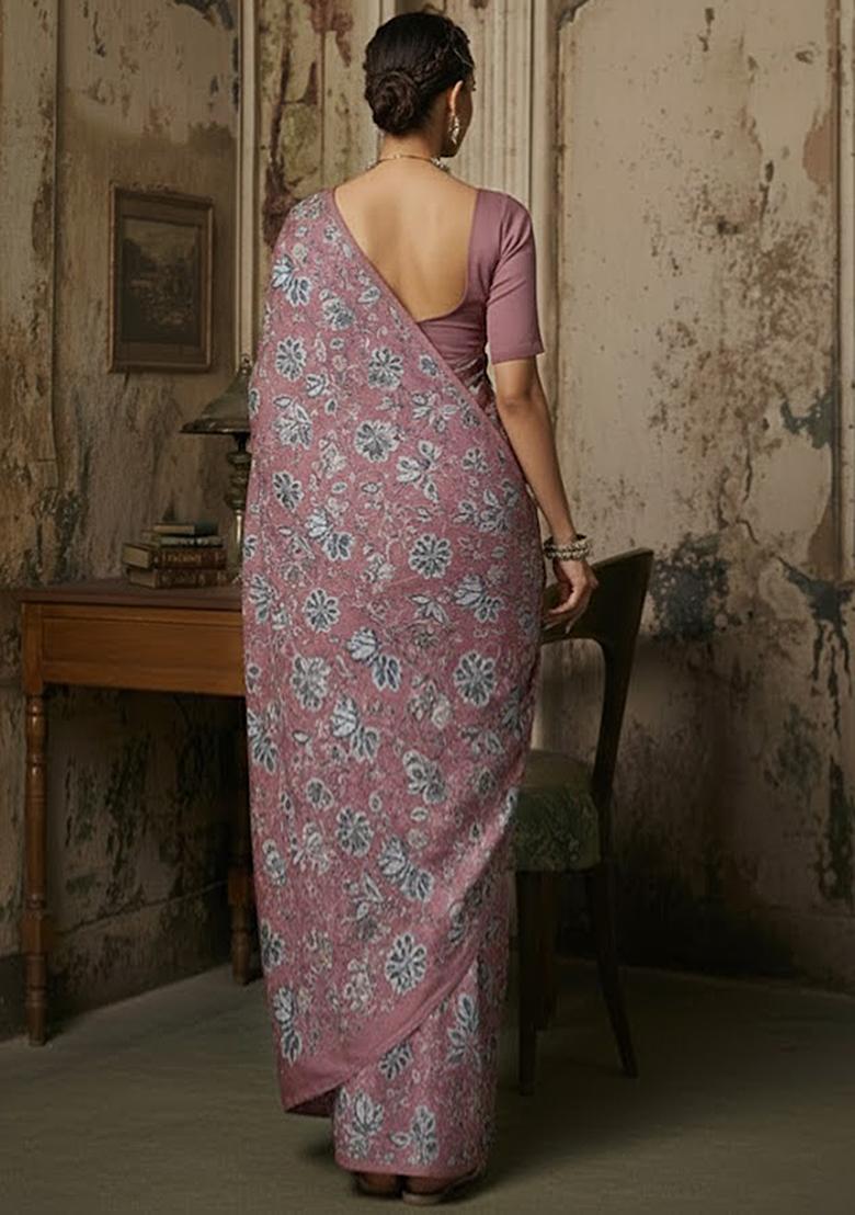 Dusty Rose Floral Print Crepe Pre Draped Saree Set - Indya
