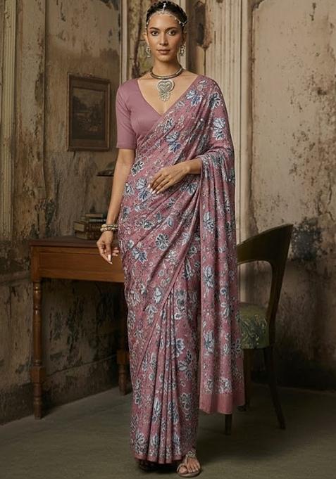 Dusty Rose Floral Print Crepe Pre Draped Saree Set