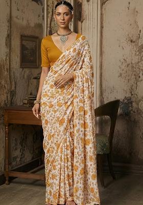 Mustard Floral Print Crepe Pre Draped Saree Set