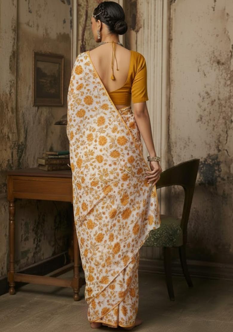 Mustard Floral Print Crepe Pre Draped Saree Set - Indya