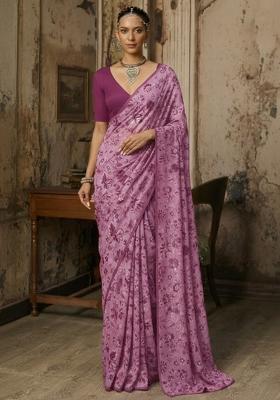Vintage Mauve Floral Print Crepe Pre Draped Saree Set