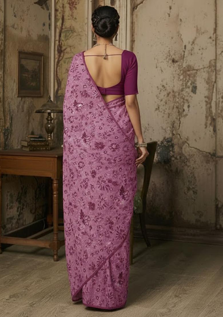 Vintage Mauve Floral Print Crepe Pre Draped Saree Set - Indya