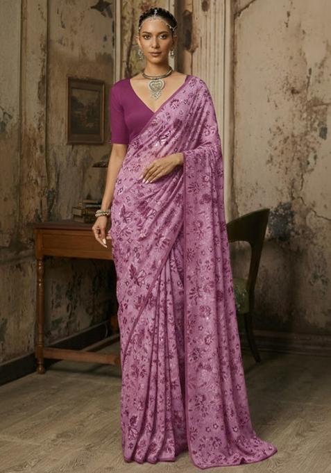 Vintage Mauve Floral Print Crepe Pre Draped Saree Set