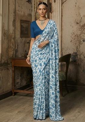 Blue Floral Print Crepe Pre Draped Saree Set