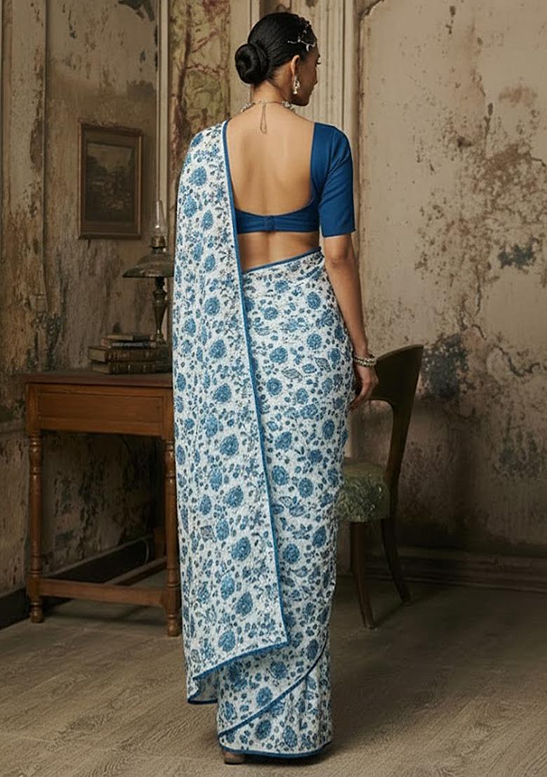 Blue Floral Print Crepe Pre Draped Saree Set - Indya